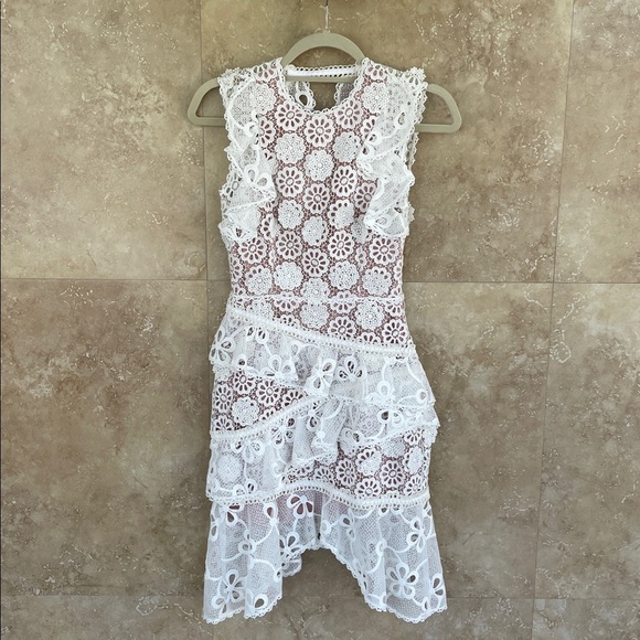 Alexis Dress Arleigh White Lace Ruffle Open Back Cocktail Mini XS Zipper Floral - Picture 4 of 13